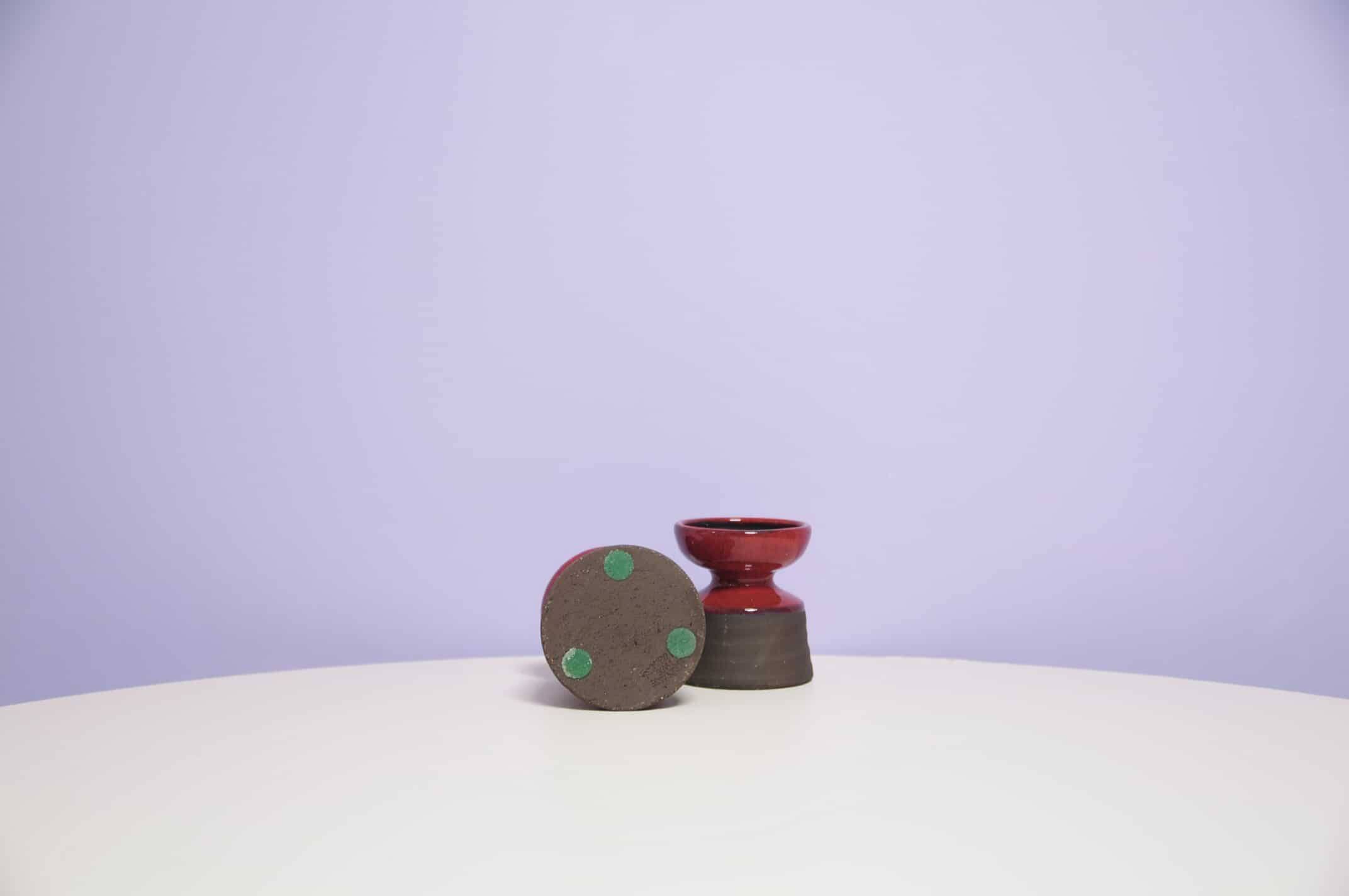 set x2 brown & red stoneware candlestick