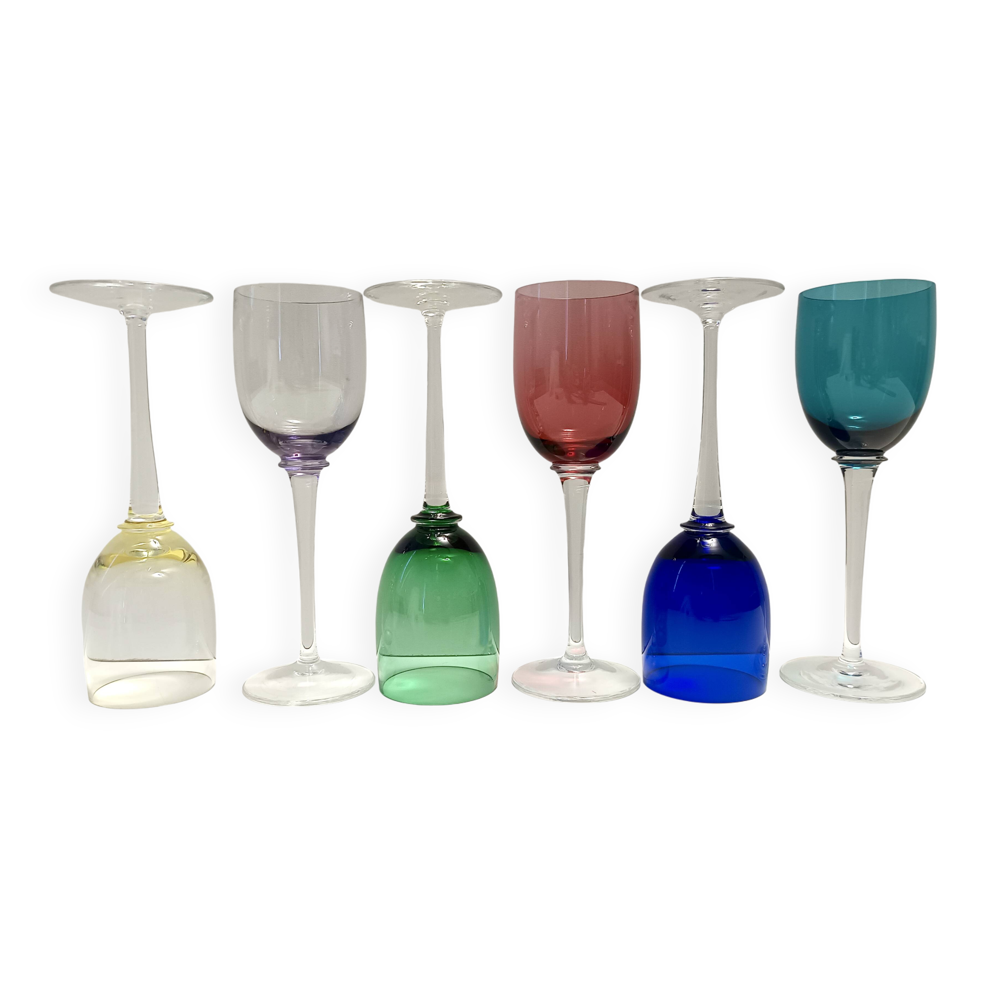 Set of Six Colorful Murano Blown Glass Wine Glasses, Italy 1980s