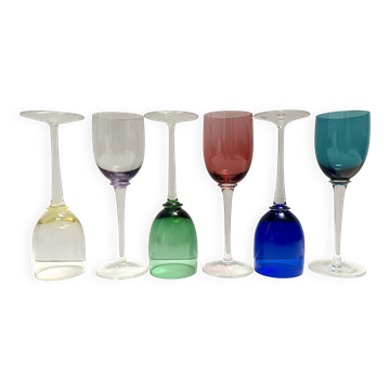Set of Six Colorful Murano Blown Glass Wine Glasses, Italy 1980s