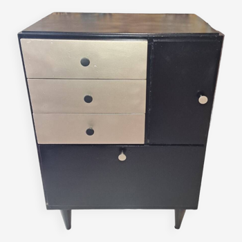 Black and gold chest of drawers in solid wood france in art deco style in repainted wood with 3 drawers