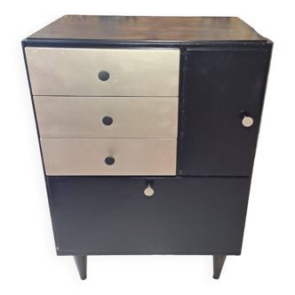 Black and gold chest of drawers in solid wood france in art deco style in repainted wood with 3 drawers