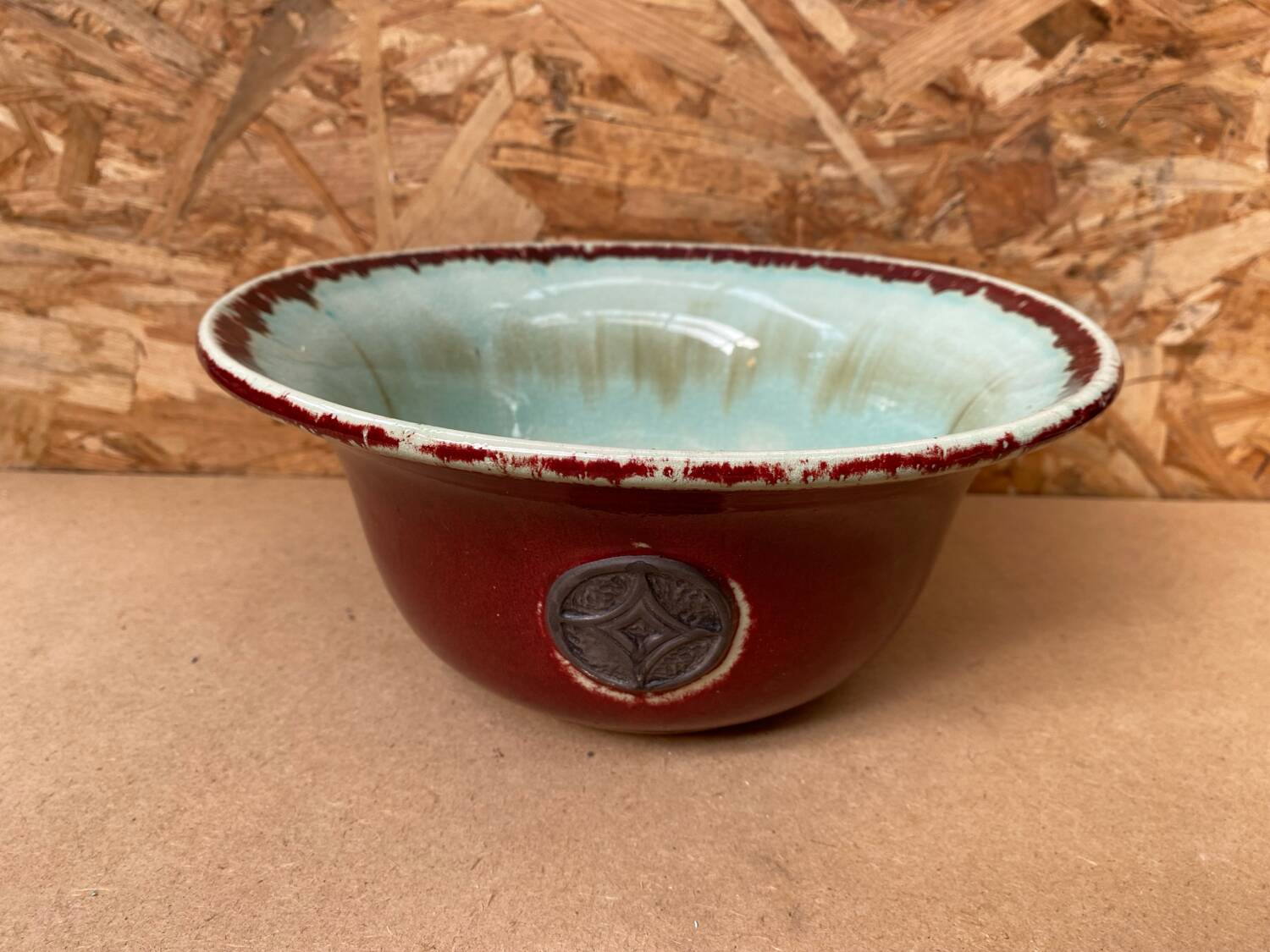 Antique Red Ceramic Salad Bowl Blue Interior + Vintage Kitchen Badge