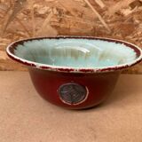 Antique Red Ceramic Salad Bowl Blue Interior + Vintage Kitchen Badge