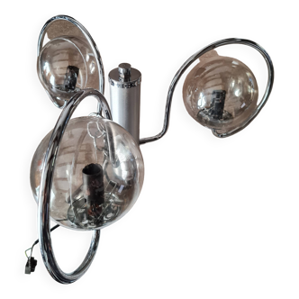 Chandelier with chrome metal frame from the 70s, 3 smoked globes