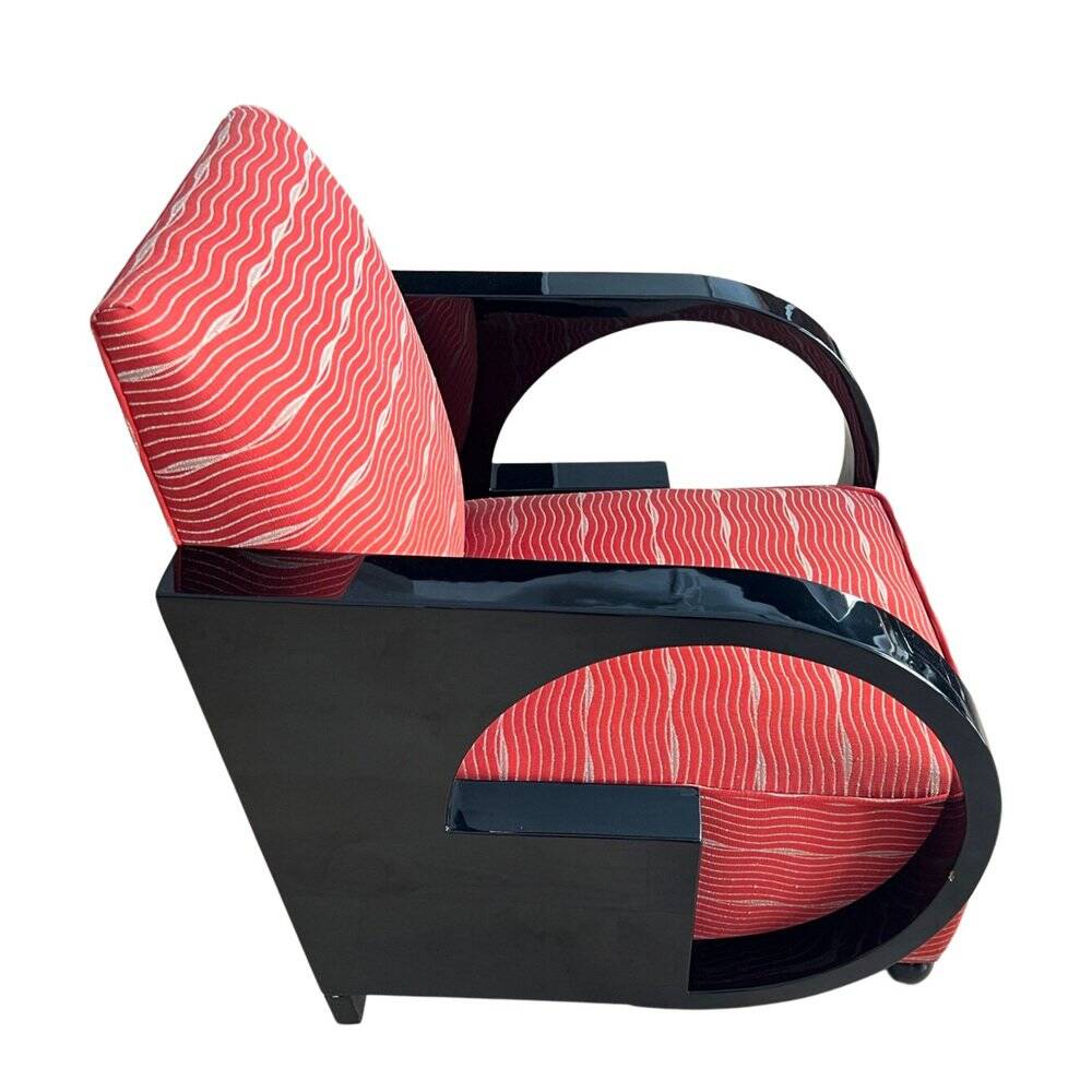 Art Deco Club Chair, Black Lacquer and Red Fabric, France circa 1930