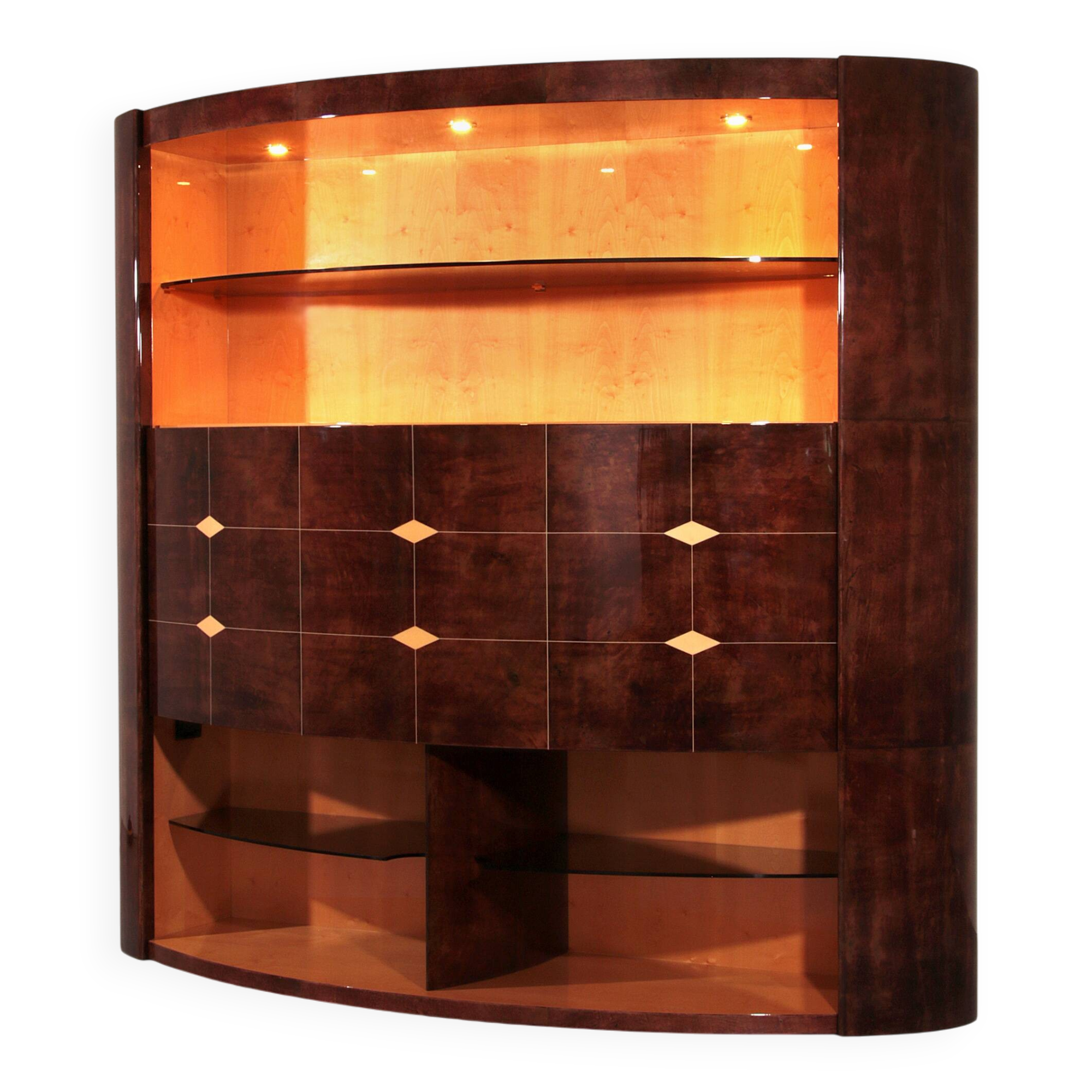 Iconic Aldo Tura brown goatskin bar cabinet with electric lift & mirror interior.