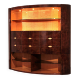 Iconic Aldo Tura brown goatskin bar cabinet with electric lift & mirror interior.