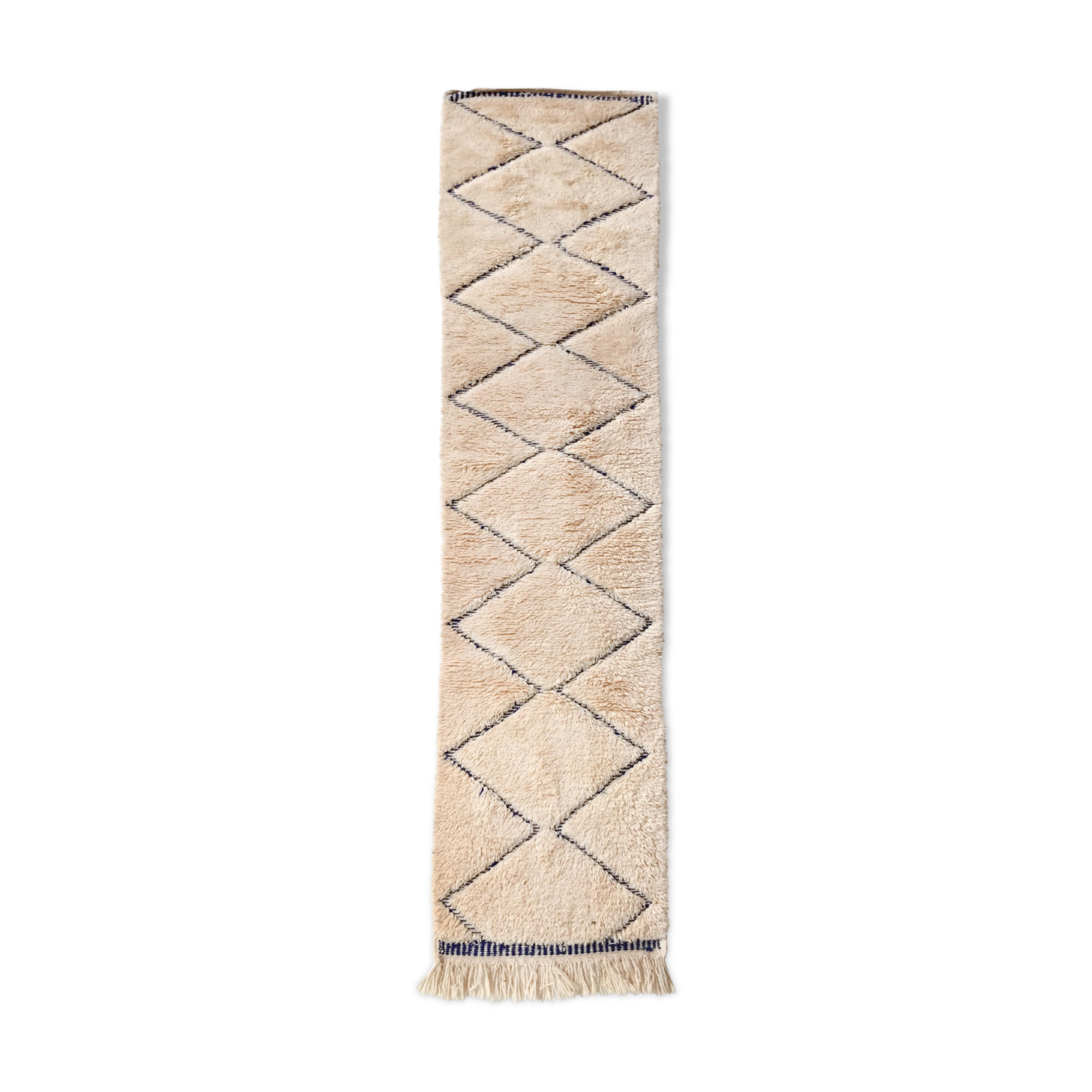 Moroccan Berber carpet blessed ouarain ecru corridor with blue diamonds engraved 312x68cm