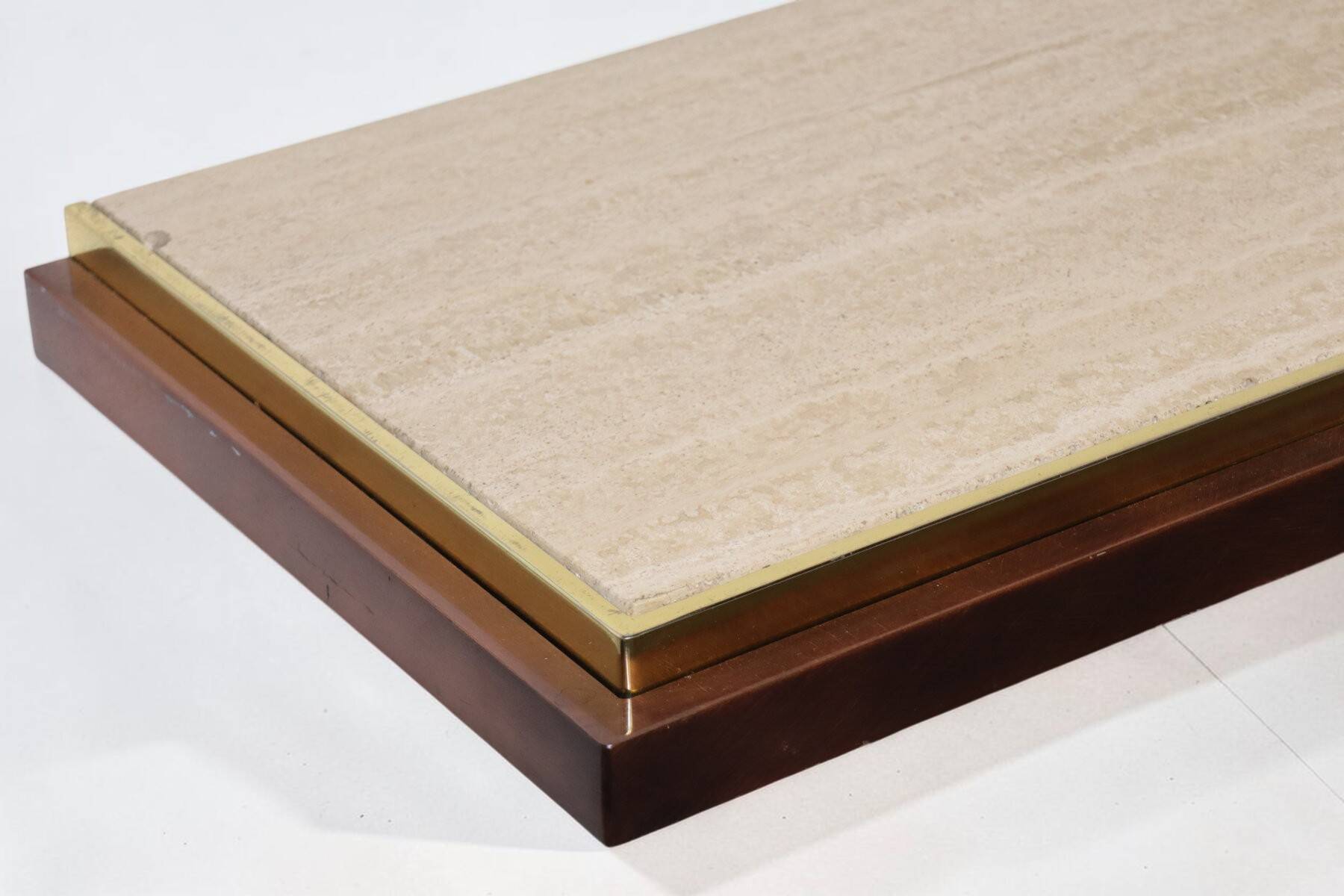 Minimalist console in travertine and patinated metal — 1970s