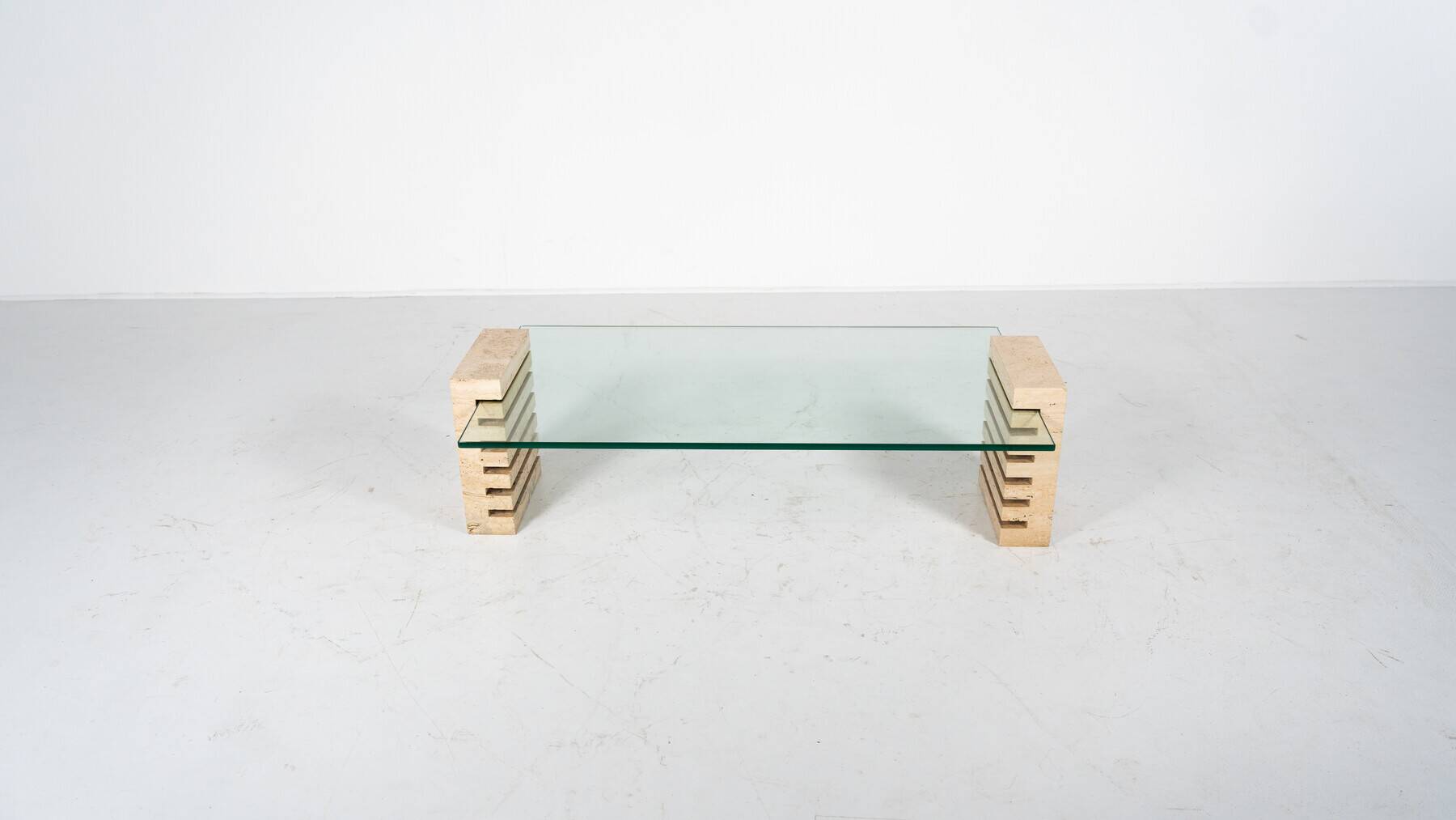 Mid-Century Modern Coffee Table, Glass and Travertine, Italy, 1970S
