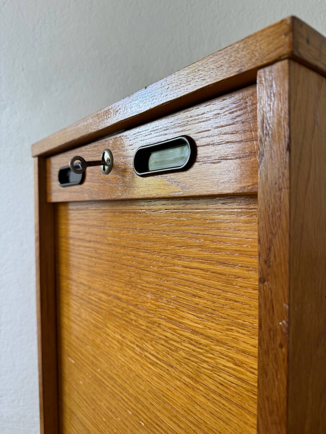 1960s wooden curtain filing cabinet