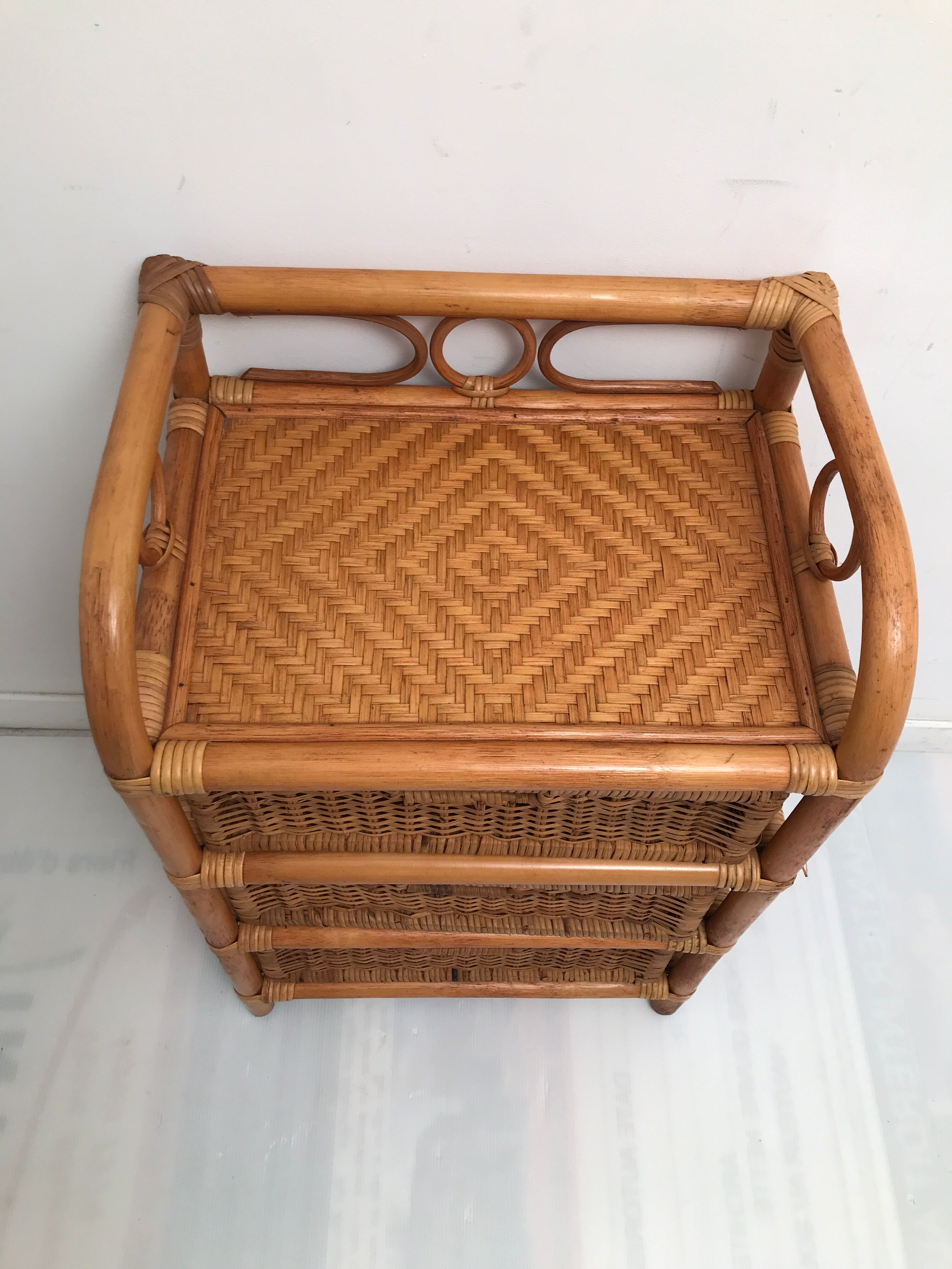Rattan wicker storage cabinet with 3 vintage drawers