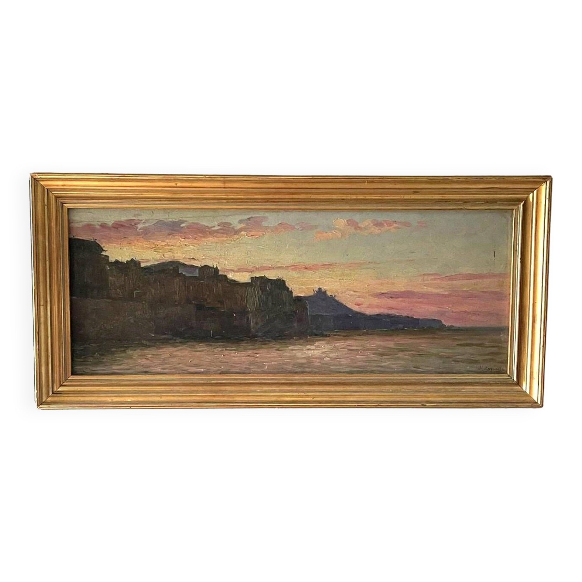 Marius Reynaud (1860 - 1935) "Algerian coastline at sunset" oil on wood