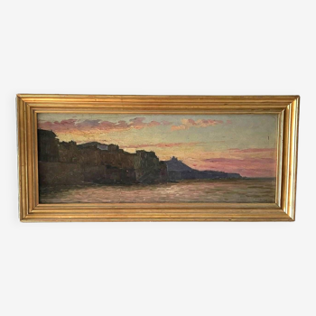 Marius Reynaud (1860 - 1935) "Littoral algérien au coucher de soleil" huile sur bois
