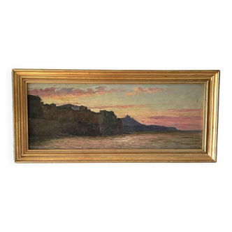 Marius Reynaud (1860 - 1935) "Algerian coastline at sunset" oil on wood