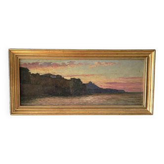 Marius Reynaud (1860 - 1935) "Littoral algérien au coucher de soleil" huile sur bois