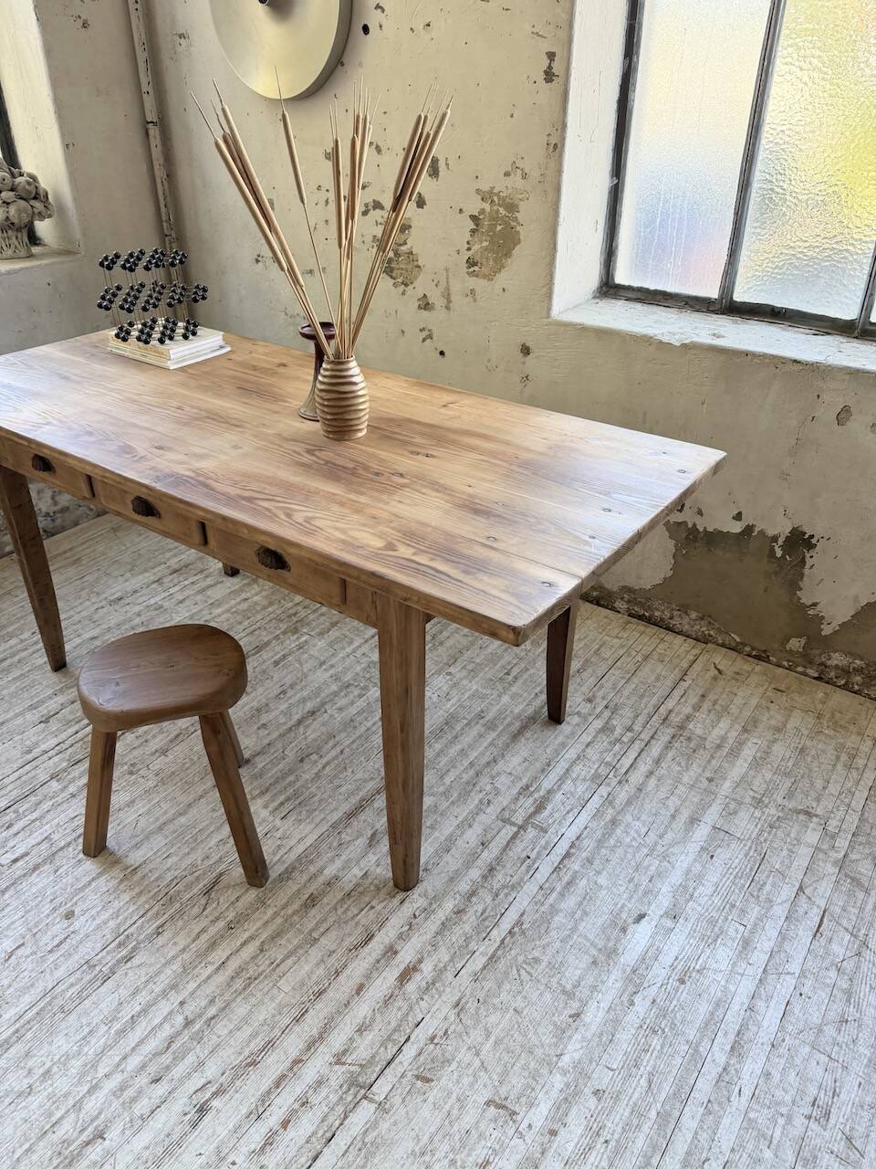 1950s pine and oak farmhouse table with multiple drawers