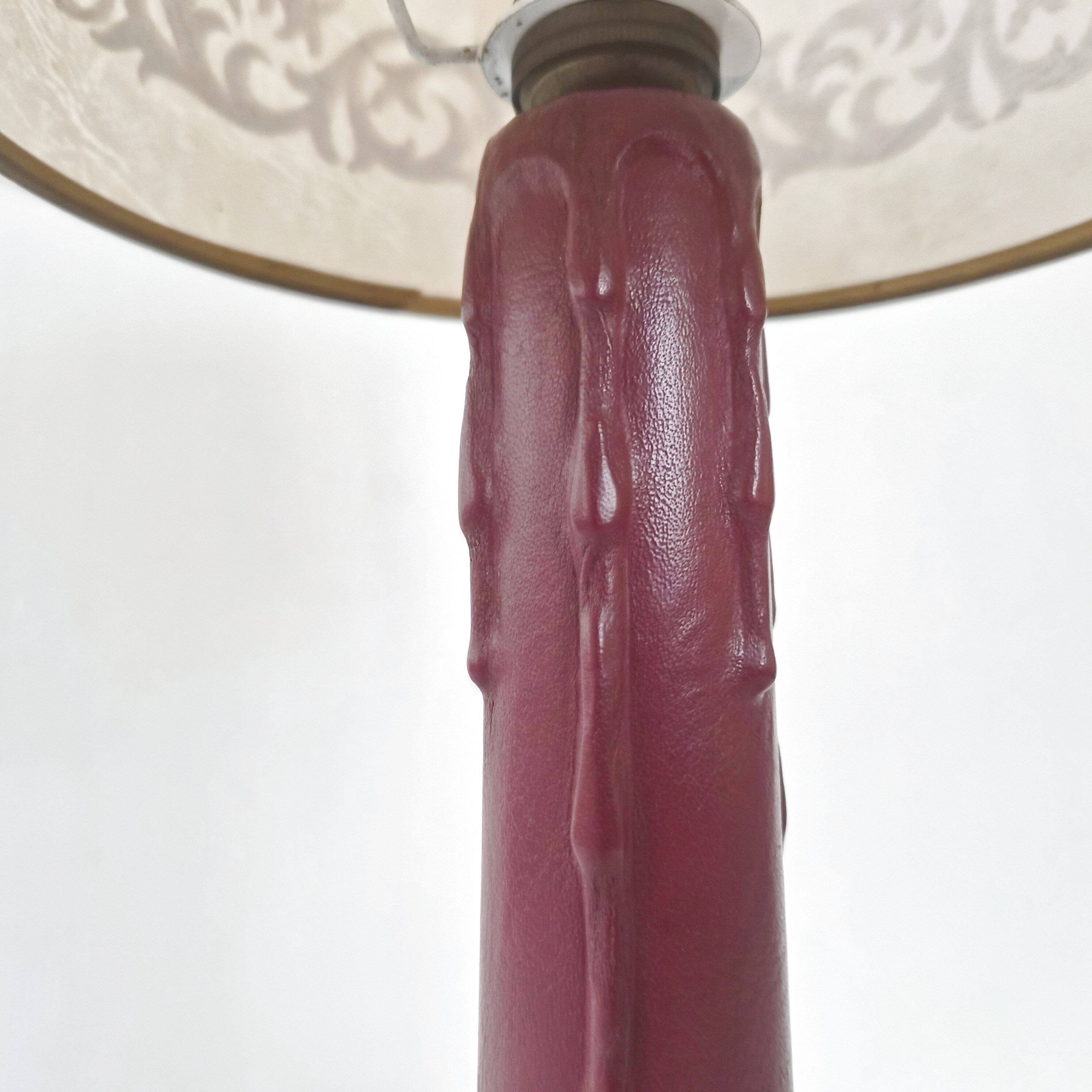 Vintage lamp in burgundy and black leather 1950