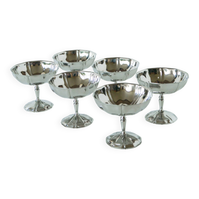 Lot de 6 coupes à glace en inox hautes, pieds fins travaillés, Design, 1970