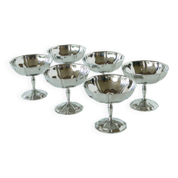 Set of 6 high stainless steel ice cream cups with finely crafted feet, Design, 1970.