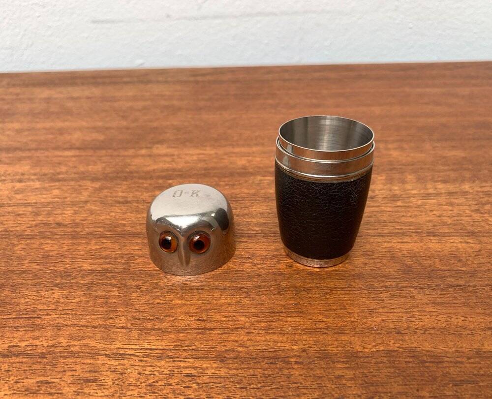 Set of 5 metal shot glasses in German owl style from the mid-century, 1960s.