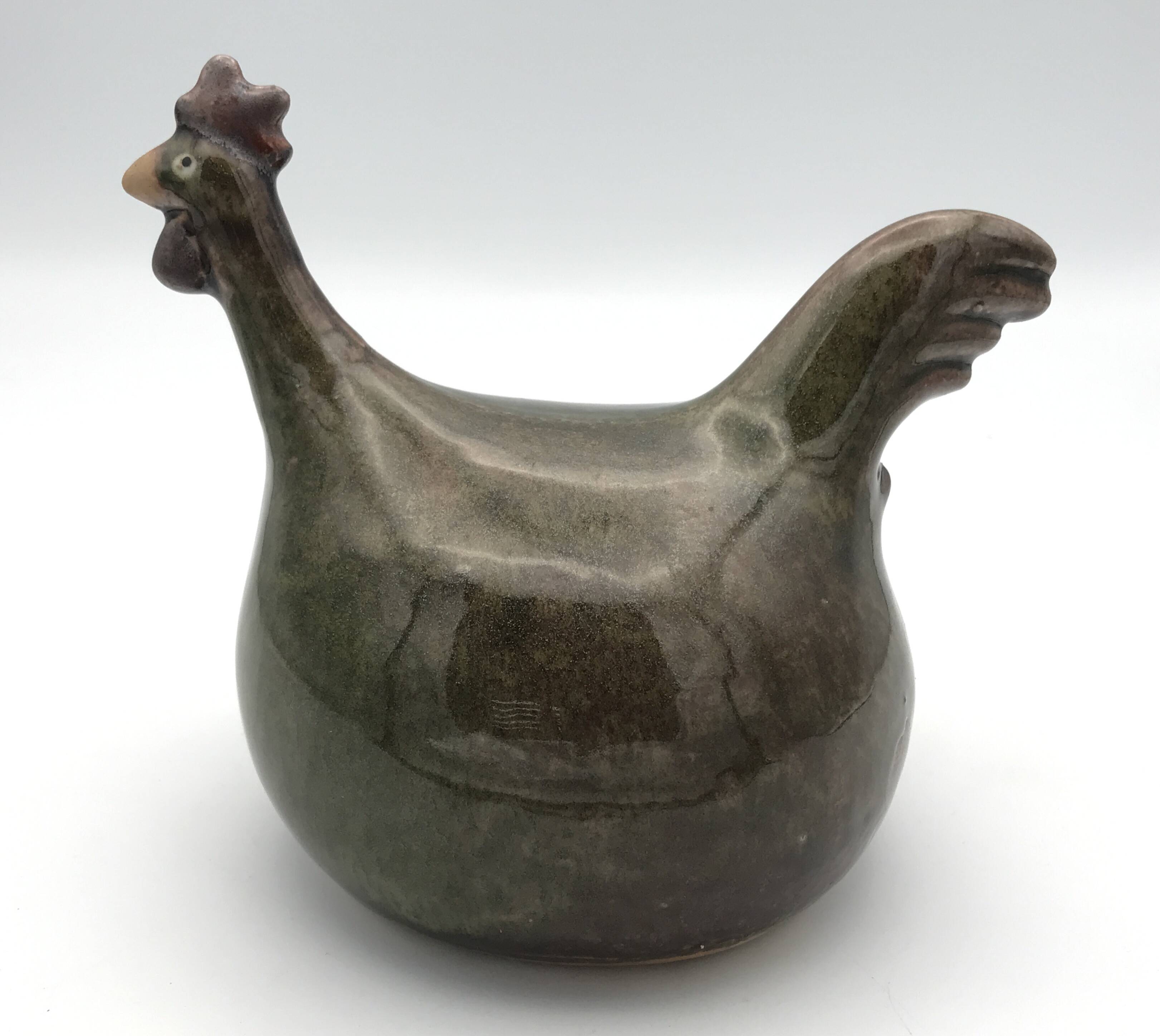 Vintage Rooster Figurine in Olive Green Glazed Stoneware with Glitter Effect 16 cm