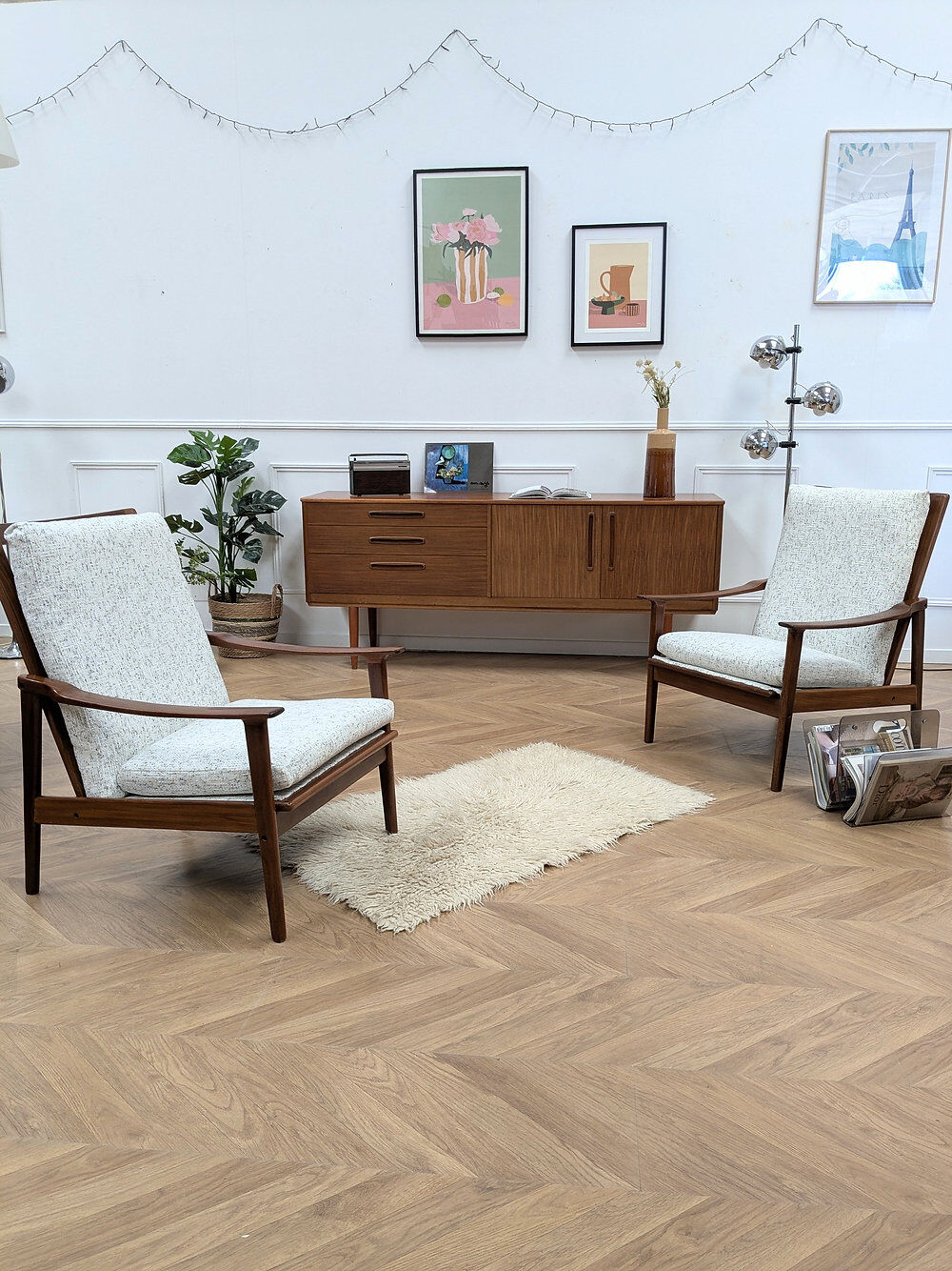 2 reupholstered Scandinavian armchairs