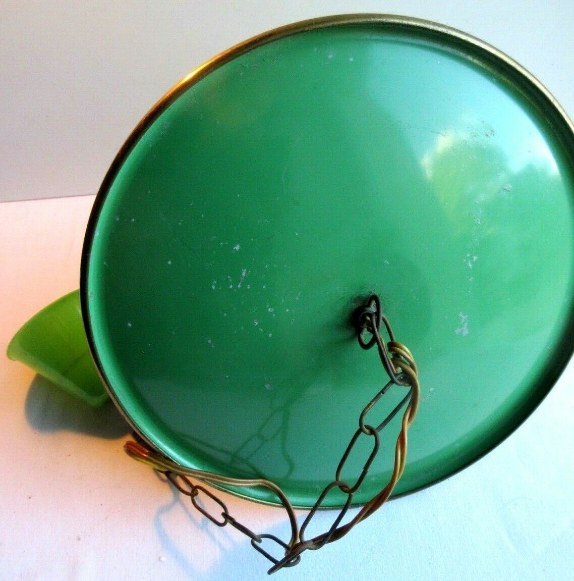 Green sheet metal and globe glass hanging lamp