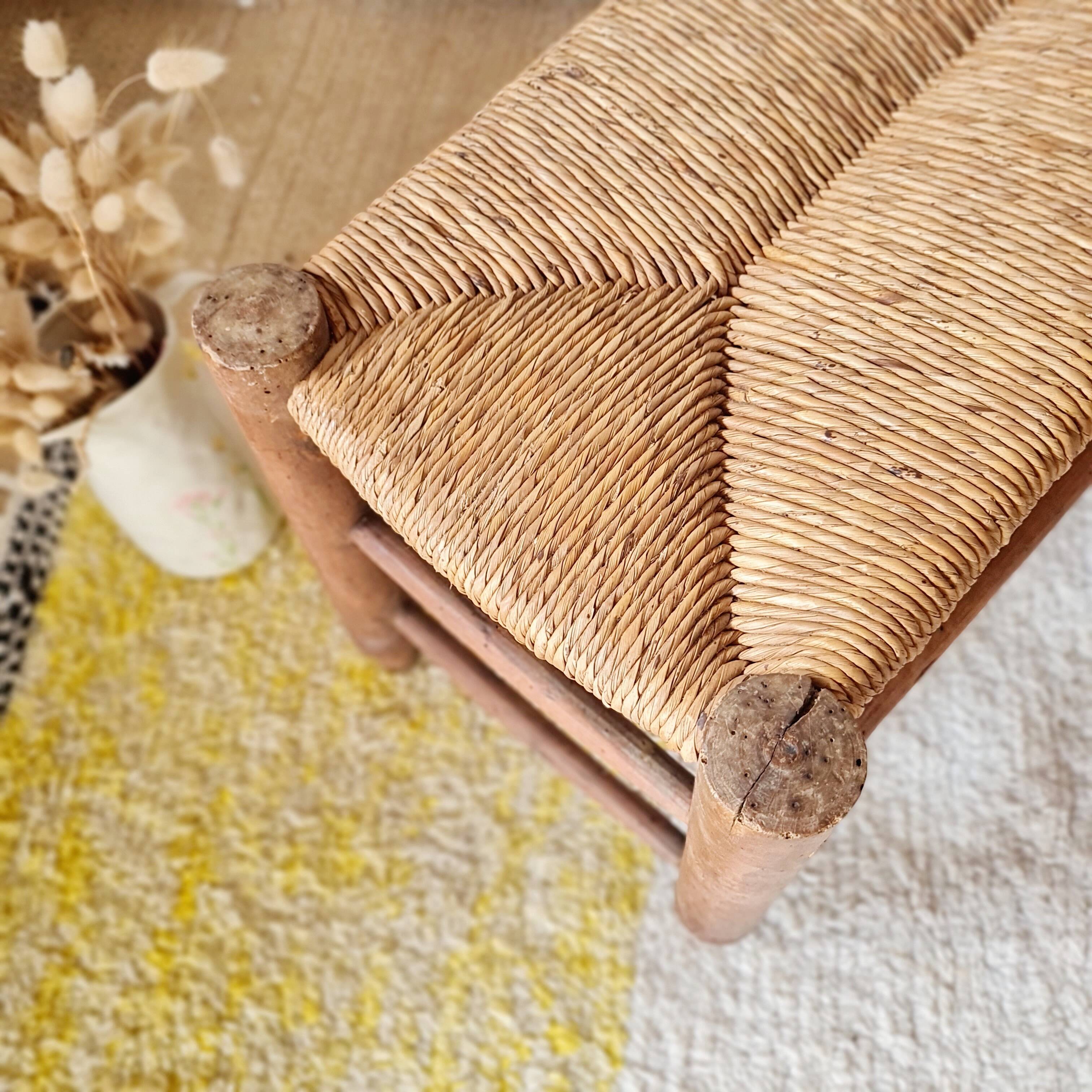 Turned wooden bench and straw - 1950s