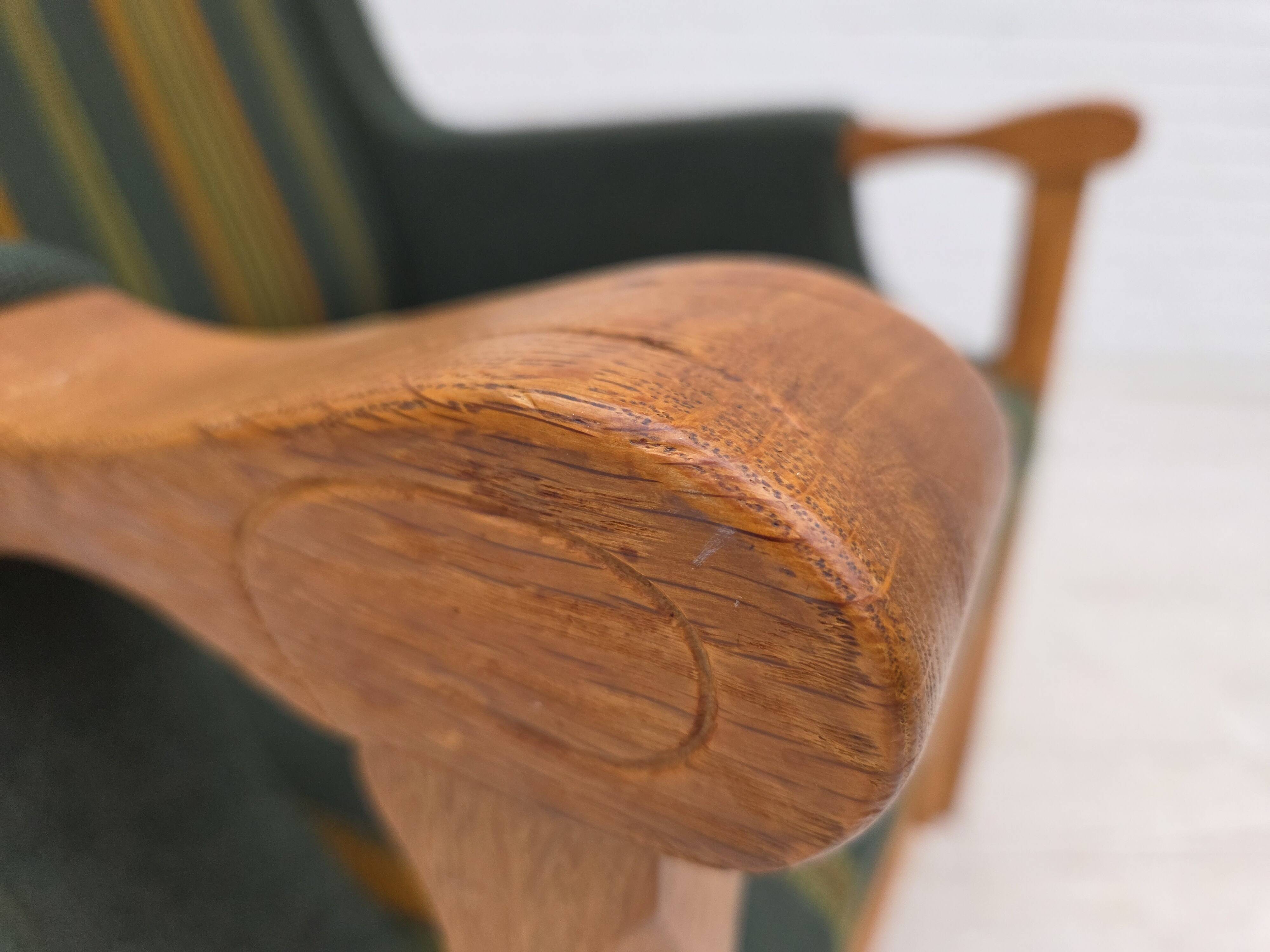 1970s, Danish armchair, green furniture wool, solid oak wood.