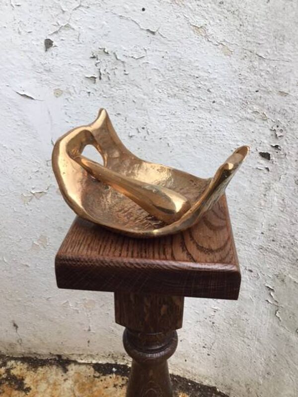 Cendrier bois et bronze vintage, cendrier sur pied, cendrier bronze doré