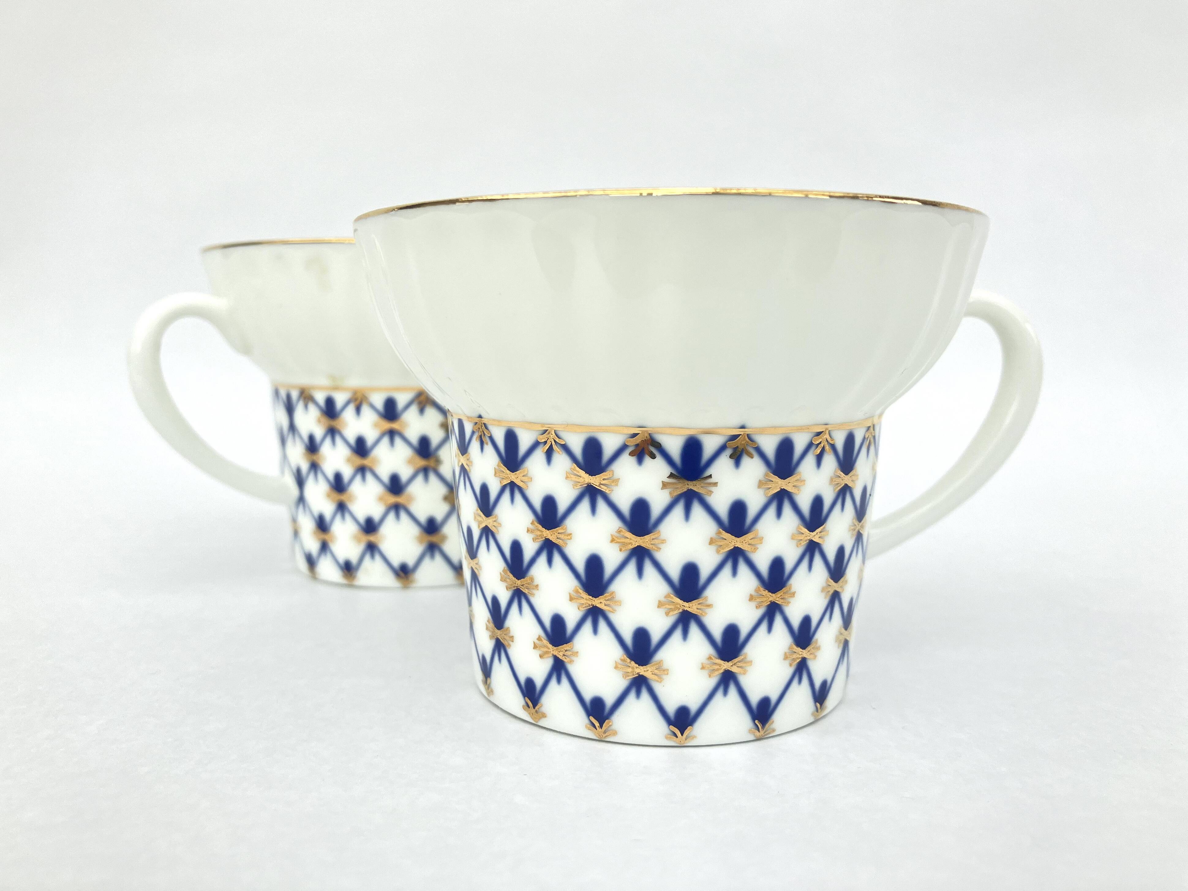 2 Russian Imperial Lomonosov Porcelain Cups • Cobalt 1744