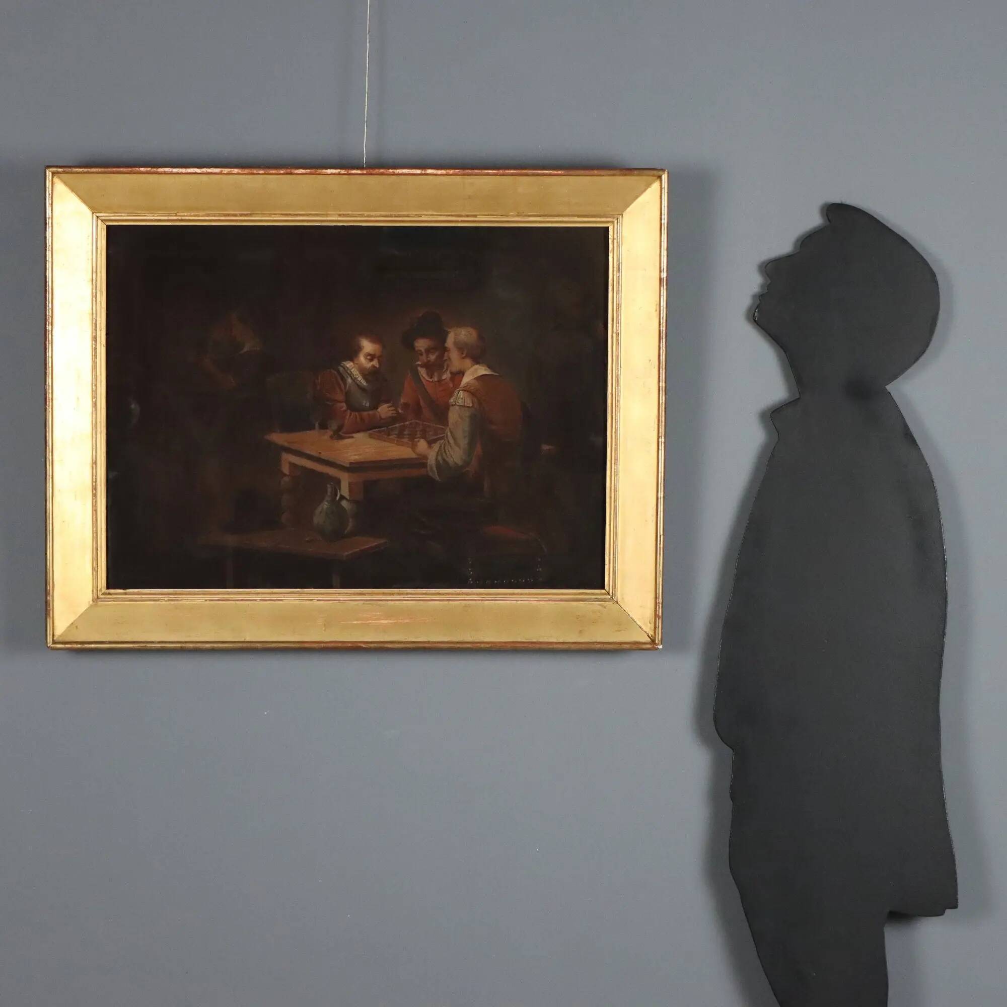 Old painting "The Chess Players" in pencil on paper, 19th century.