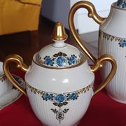 Antique Limoges porcelain coffee/tea service – 14 pieces with blue rose decoration.