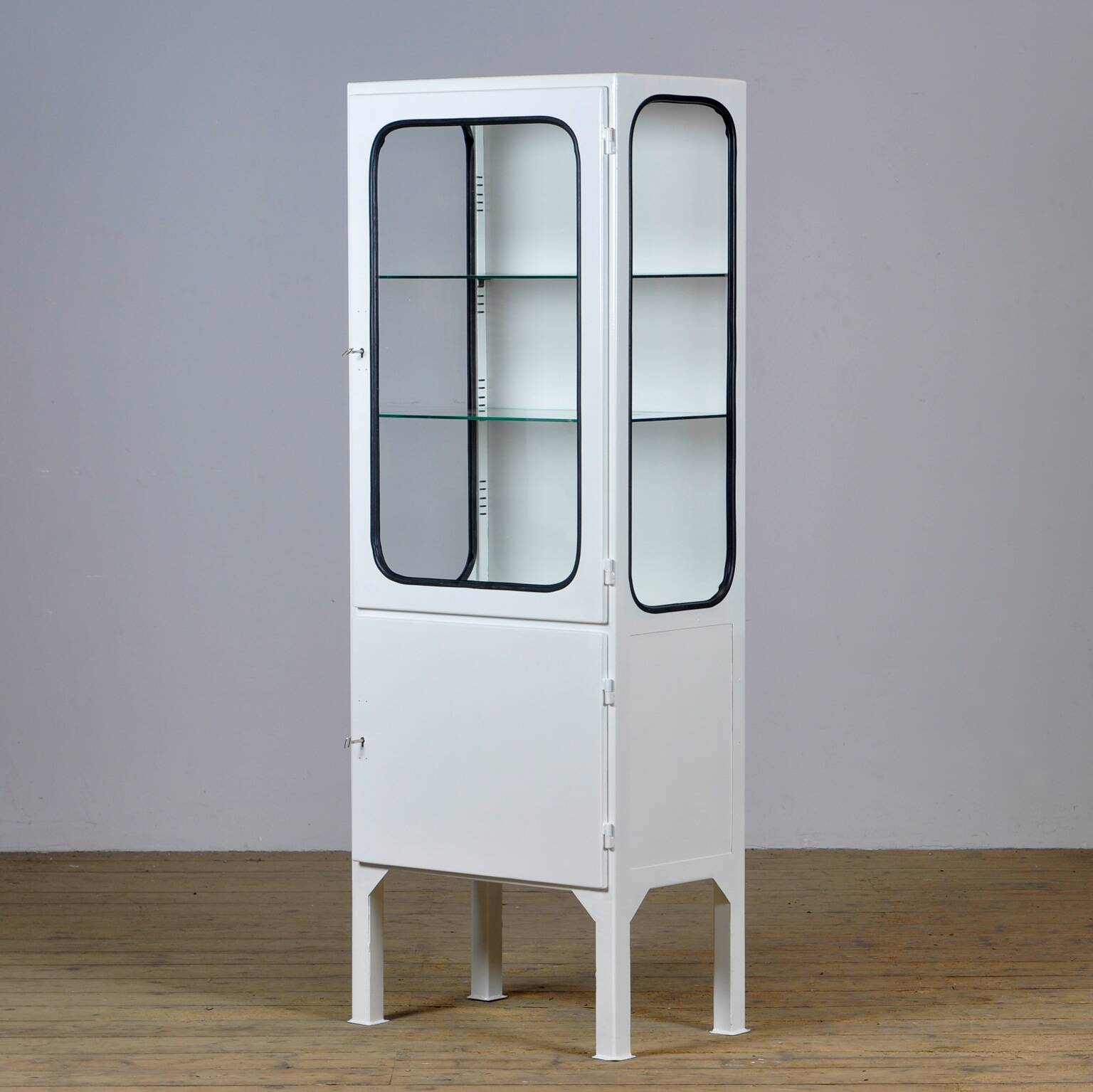 Restored vintage iron and glass medical cabinet, 1970s