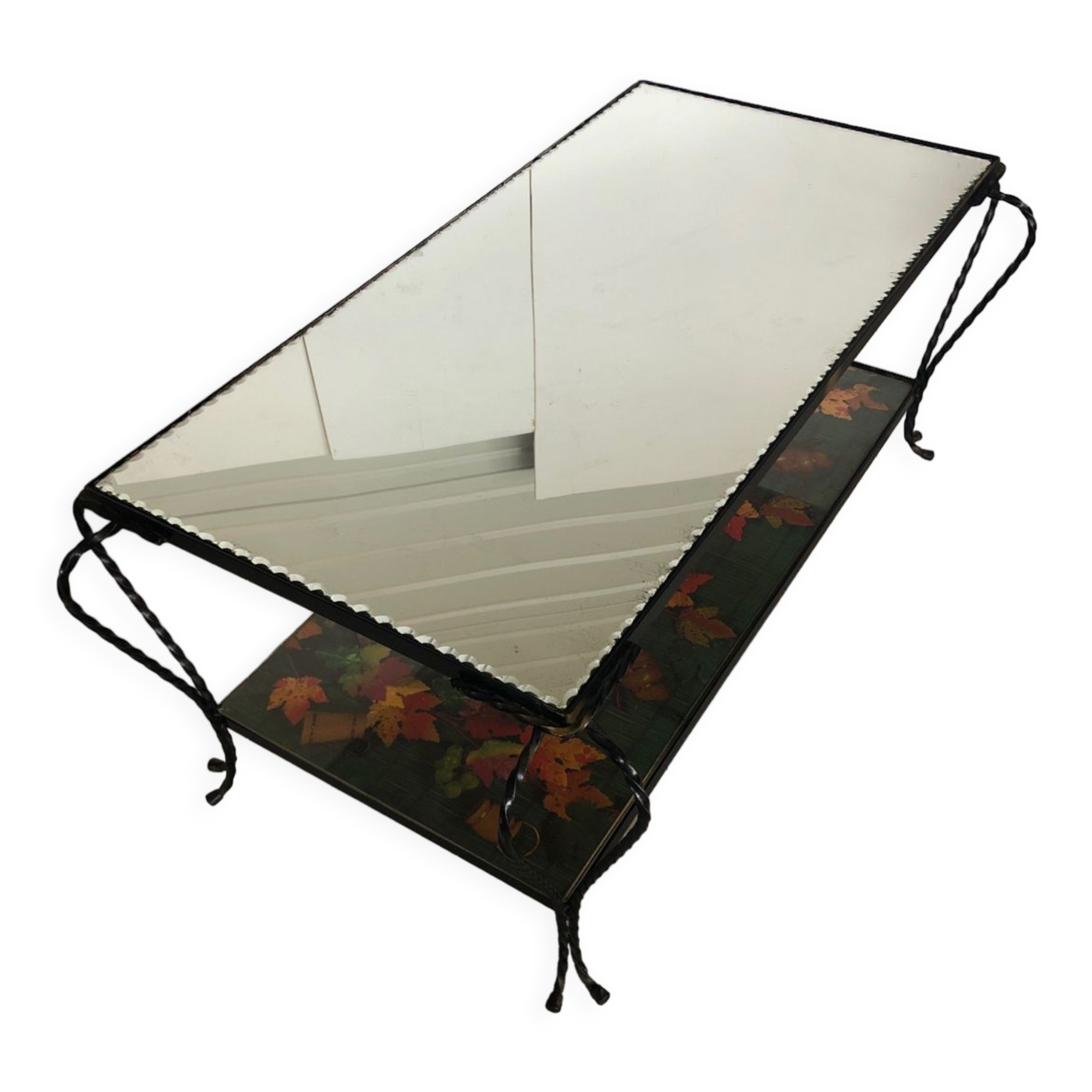 Vintage wrought iron coffee table with mirror and glass top