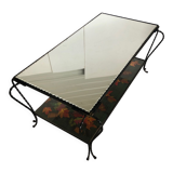 Table basse en fer forgé plateau miroir et verre Vintage