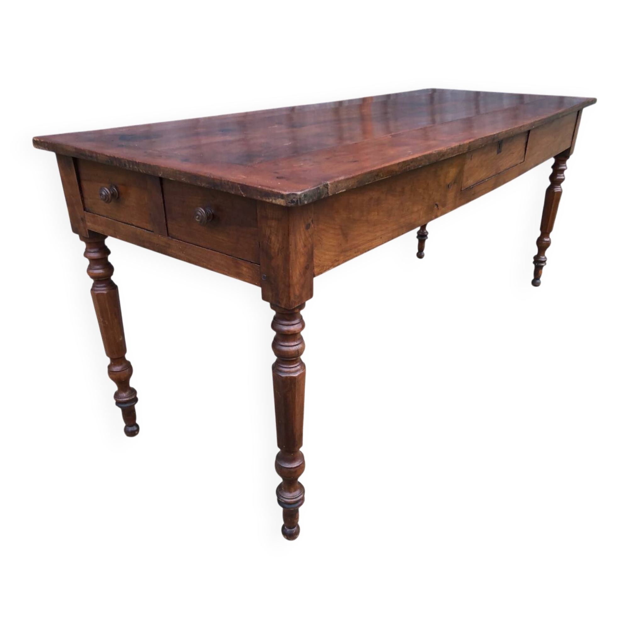 Antique farmhouse table in solid cherry wood with 4 drawers