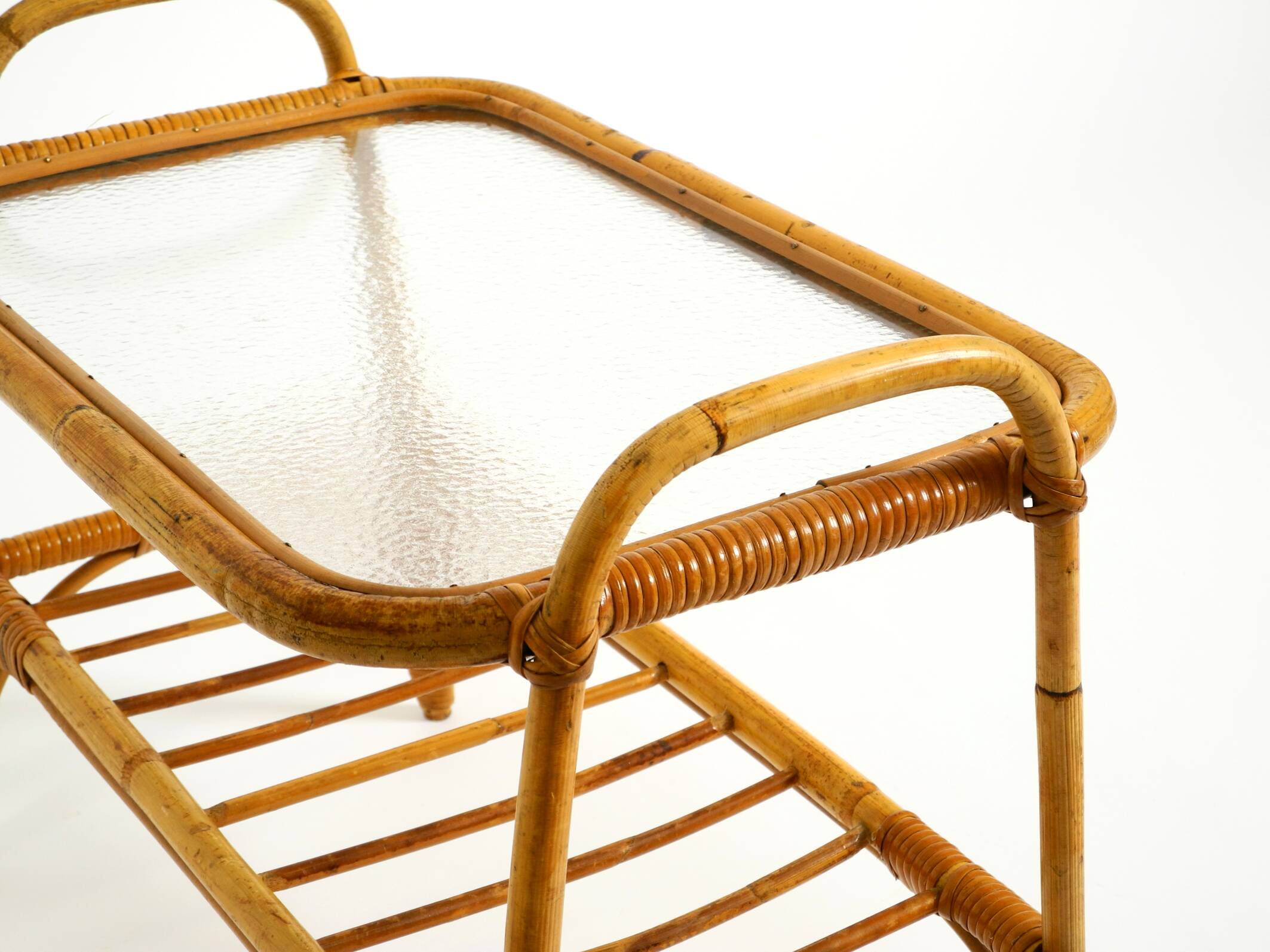 Lovely small Italian 60s bamboo side or coffee table with a iced glass top