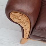 Fauteuil danois vintage, années 1970, cuir, bois de chêne