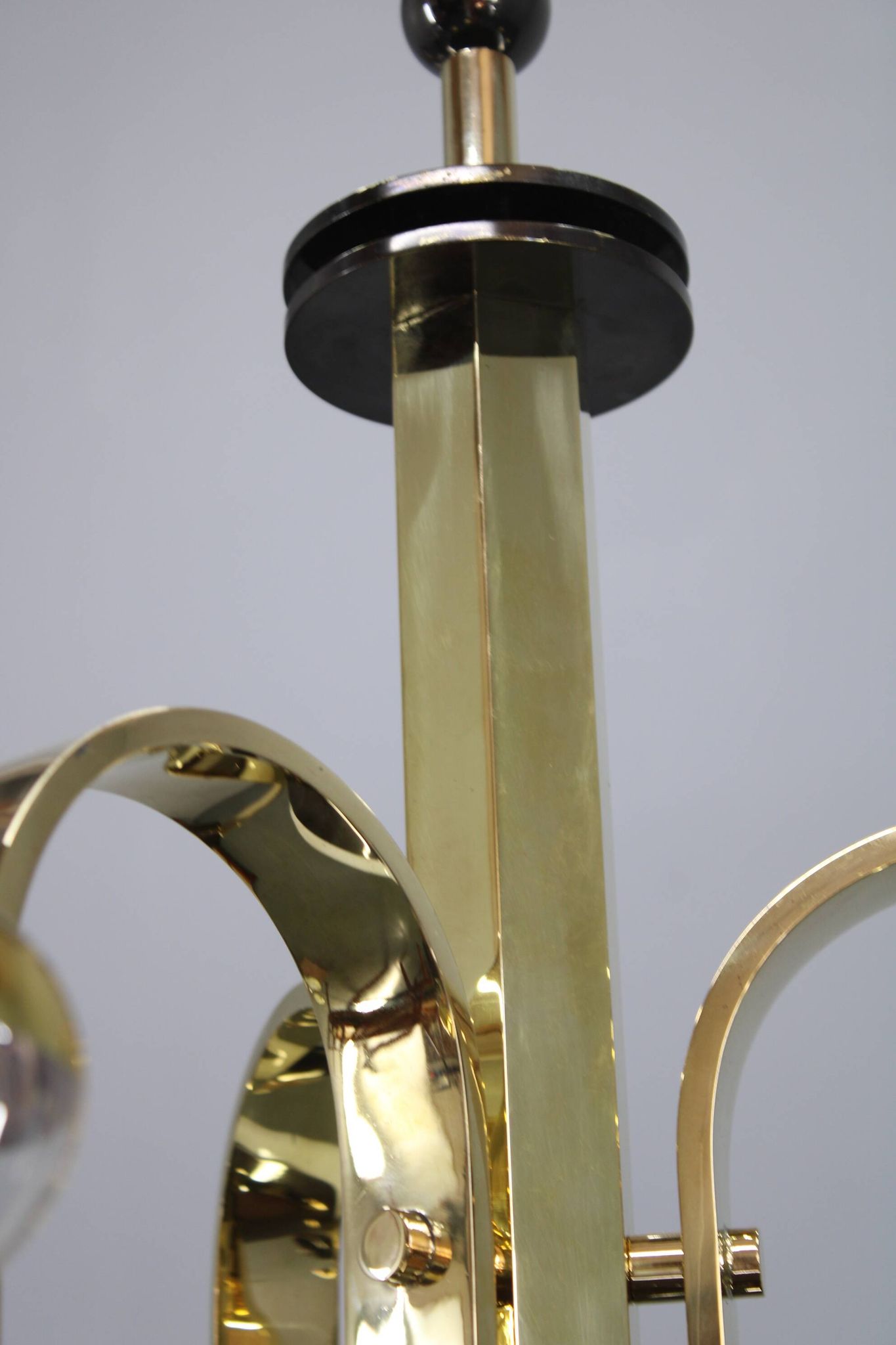 1930s Czech Art Deco brass chandelier with milk glass center and exposed bulbs