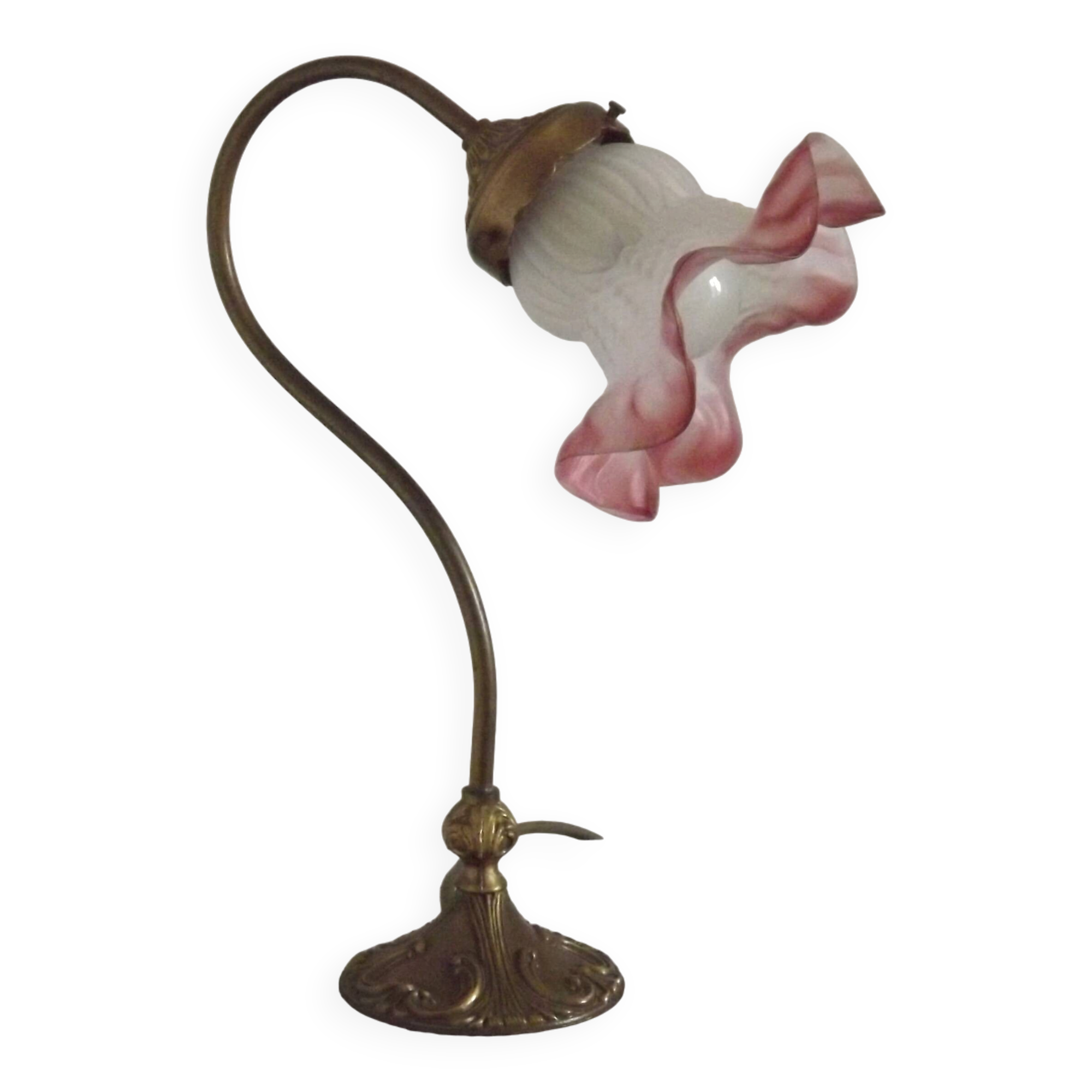 French Art Nouveau Brass Goose Neck Table Lamp White & Pink Glass Shade