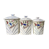 Trio of antique hand-painted ceramic pots (flour, sugar, coffee)