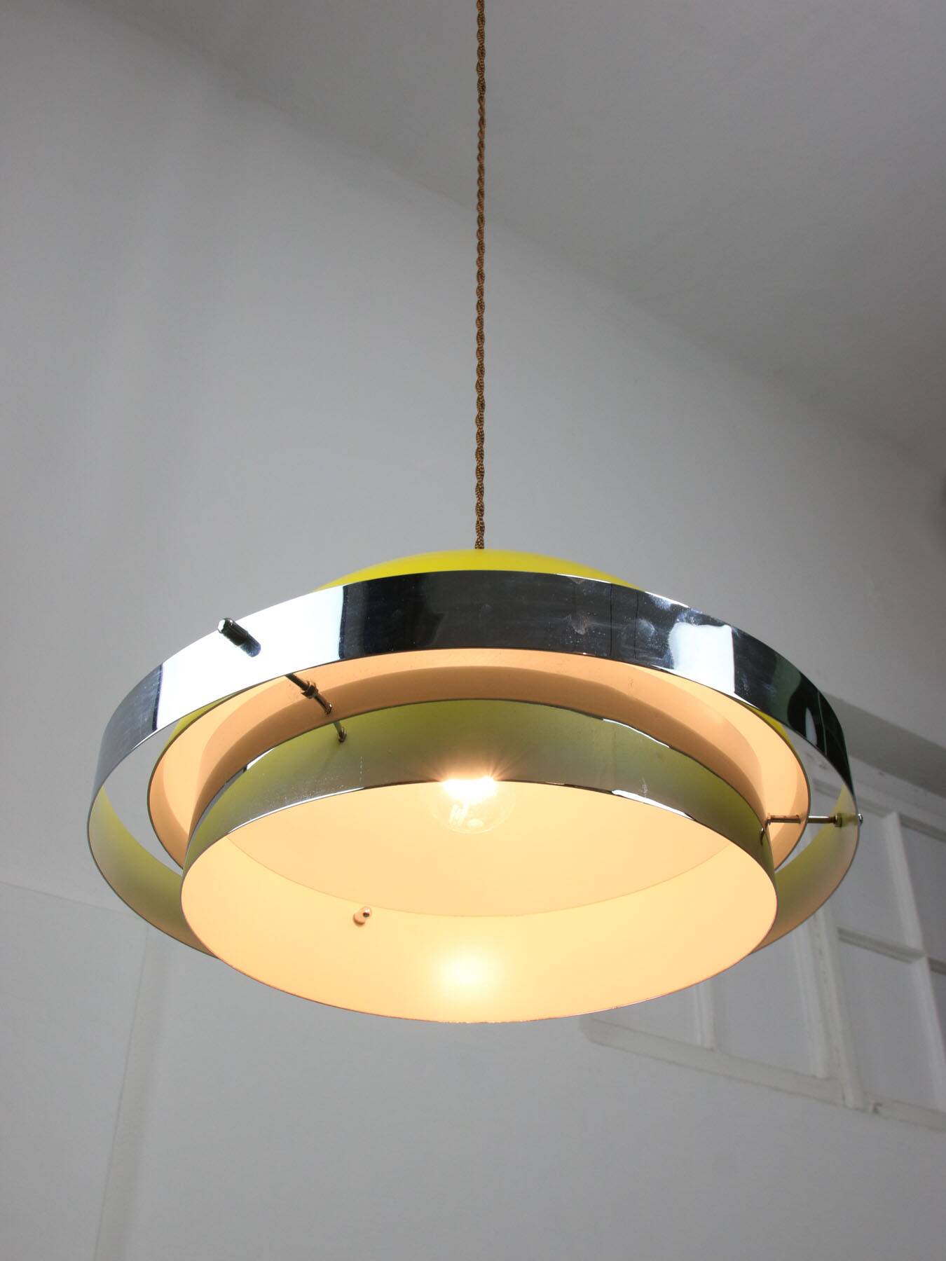 Space-age italian yellow and chrome metal pendant lamp, 1970s