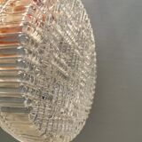Ceiling light, in dark metallic paint with thick glass shade with beautiful details in the glass.
