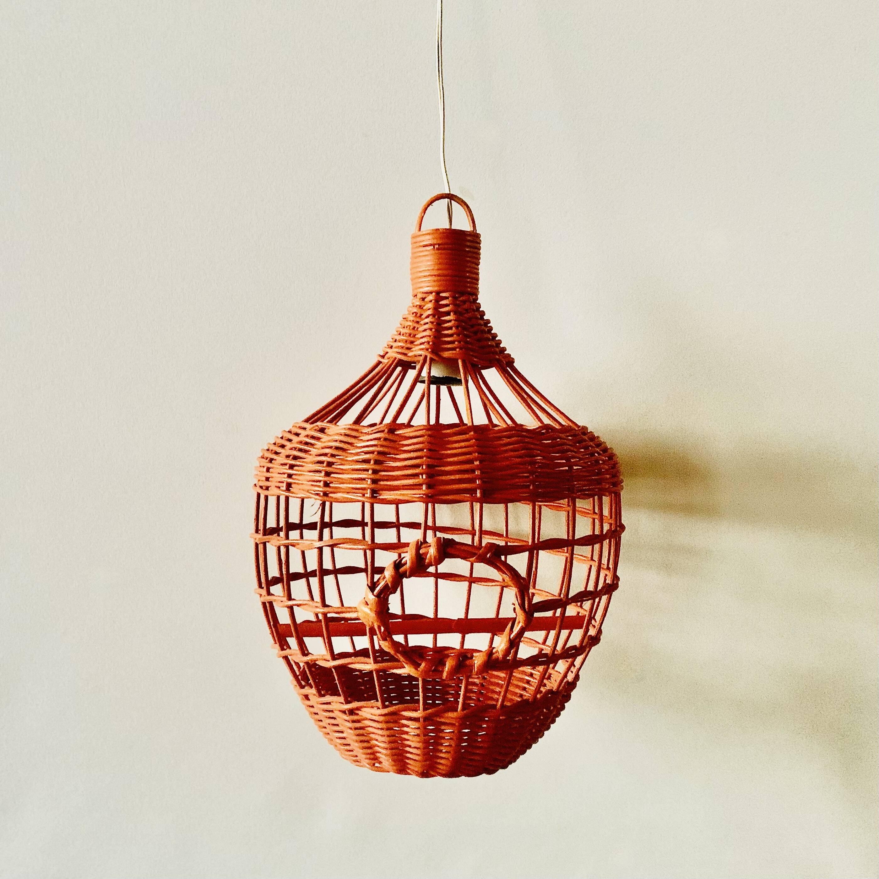 Vintage orange wicker pendant light - bird cage
