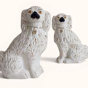 Pair of King Charles Spaniel dogs in Staffordshire majolica style.