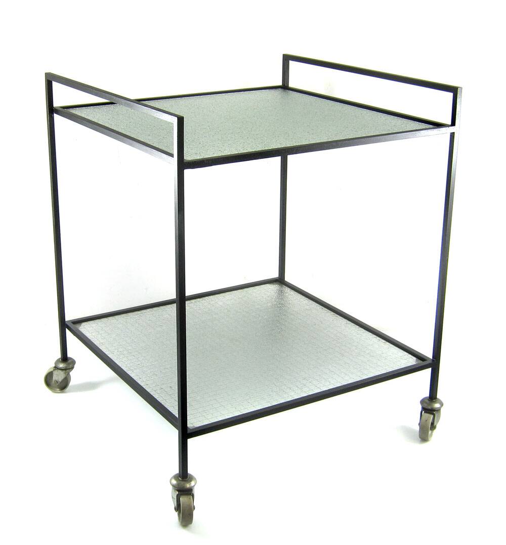 Minimal steel and wired glass sixties tea trolley