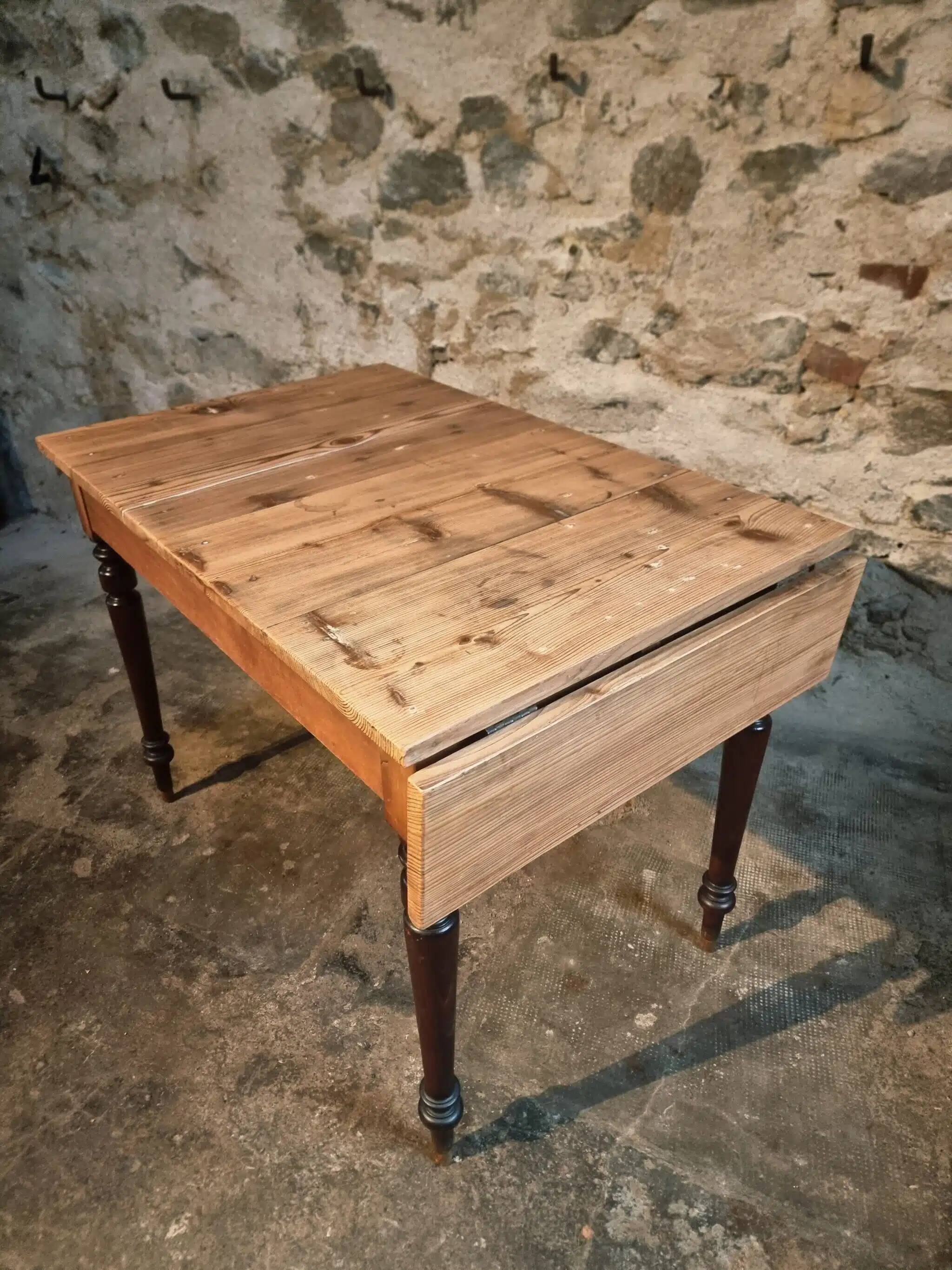 Vintage French pine table with extendable side, circa 1930, suitable for kitchen or office use.