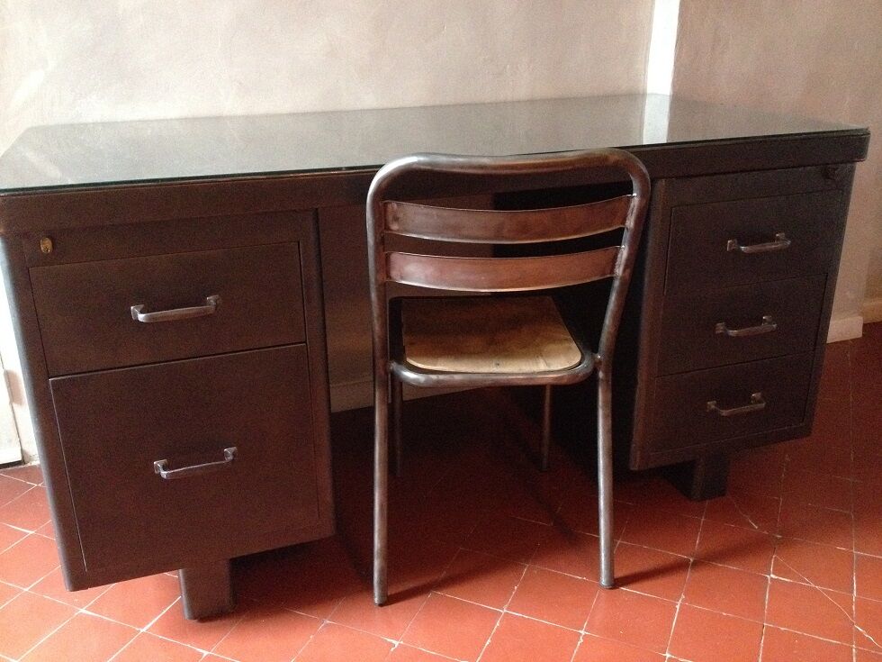 Industrial metal and glass top desk